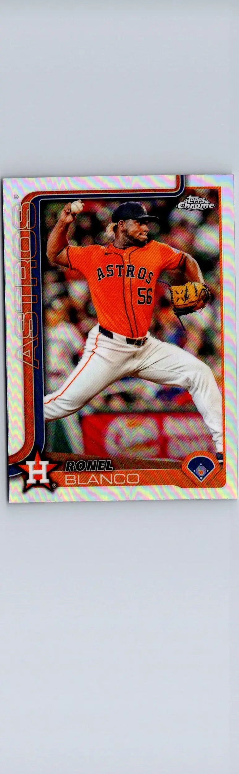 Baseball trading card featuring Ronel Blanco in orange jersey from 2025 Topps Chrome Refractors