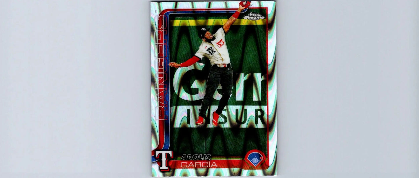 Baseball trading card featuring Adolis García from 2025 Topps Chrome Raywave Refractors