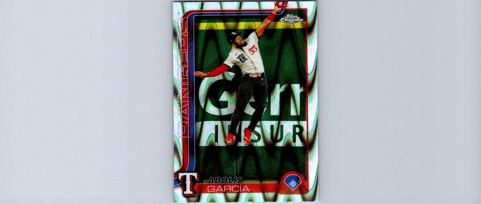 Baseball trading card featuring Adolis García from 2025 Topps Chrome Raywave Refractors