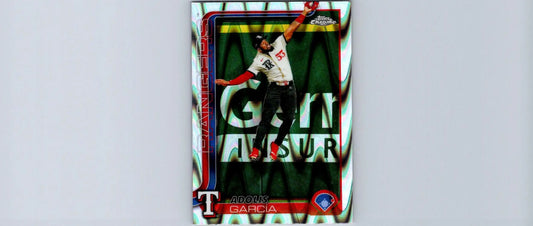 Baseball trading card featuring Adolis García from 2025 Topps Chrome Raywave Refractors