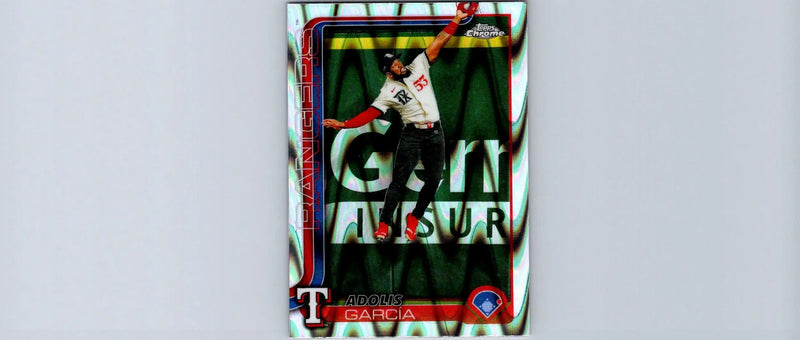 Baseball trading card featuring Adolis García from 2025 Topps Chrome Raywave Refractors