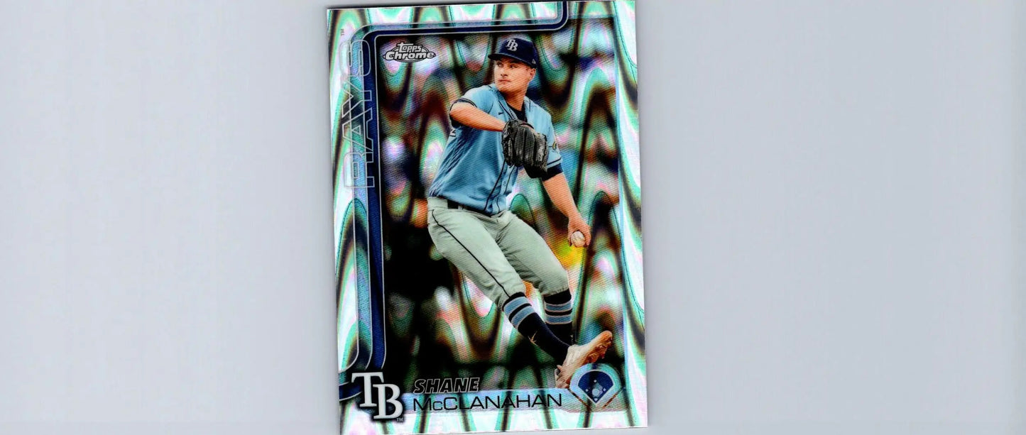 Baseball trading card featuring Shane McClanahan Raywave Refractors pitcher in uniform