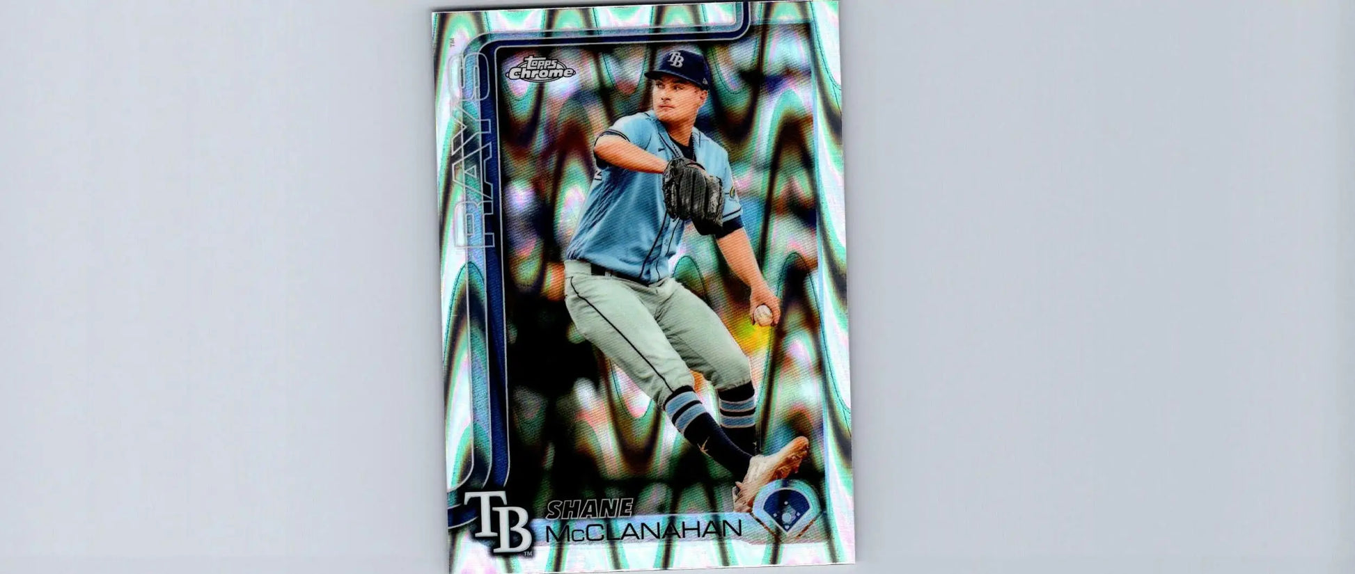 Baseball trading card featuring Shane McClanahan Raywave Refractors pitcher in uniform