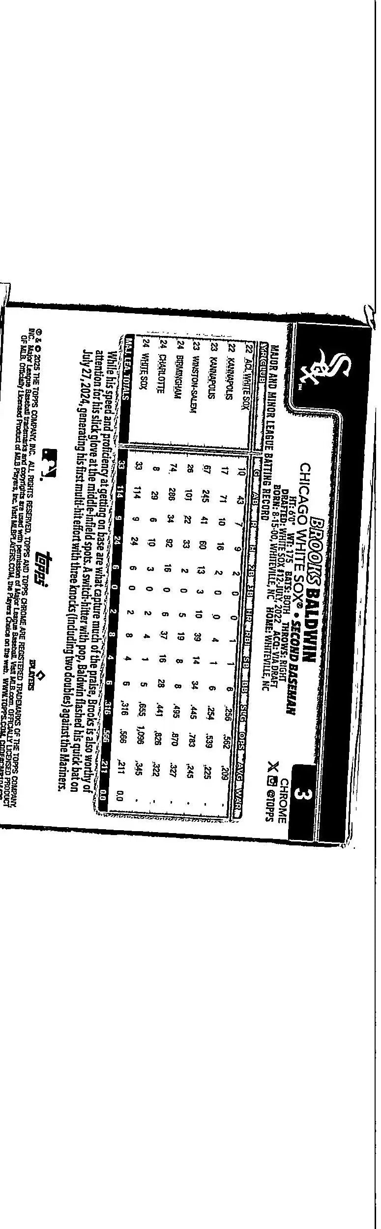 Black and white baseball card of Brooks Baldwin from 2025 Topps Chrome series