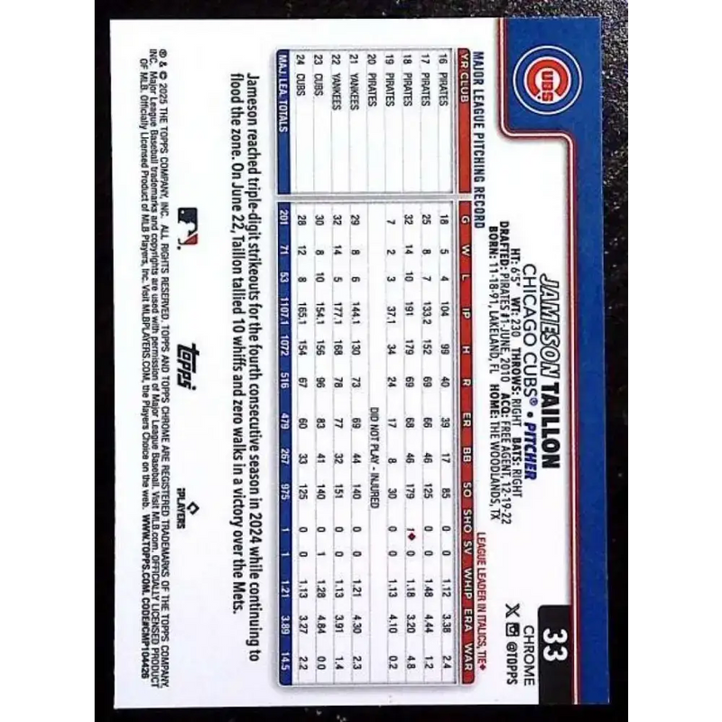 2025 topps Chrome #33 Jameson Taillon NM-MT Chicago Cubs Baseball Card - Baseball Card Single