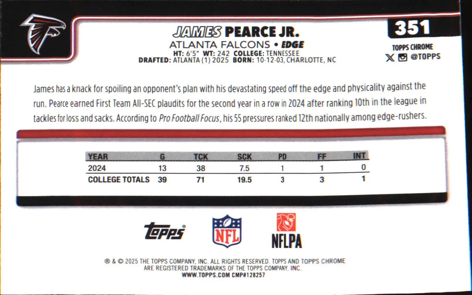 2025 Topps Chrome #351 James Pearce Jr. Rookie Rookie