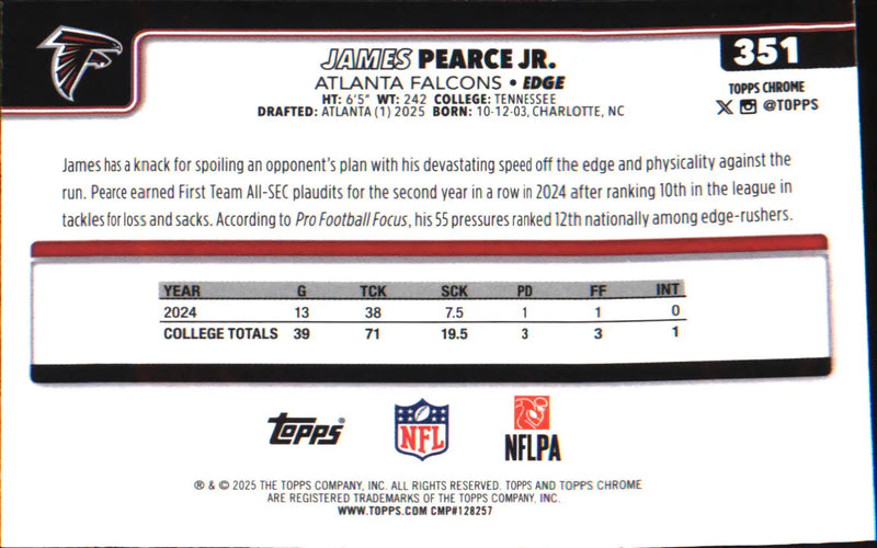 2025 Topps Chrome #351 James Pearce Jr. Rookie Rookie