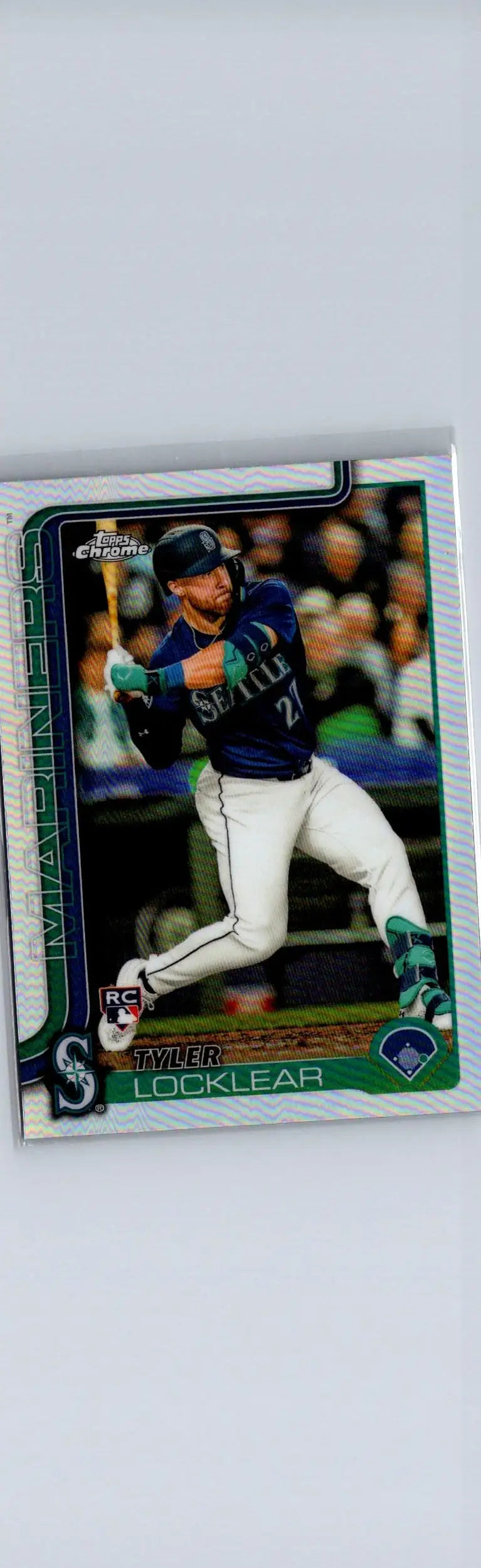 Baseball trading card of Tyler Locklear in Seattle Mariners uniform from 2025 Topps Chrome Refractors