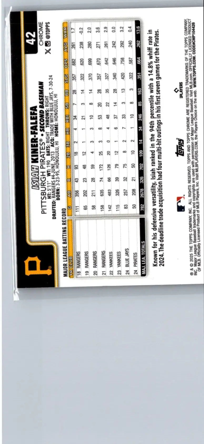 Baseball trading card featuring Isiah Kiner-Falefa with Raywave Refractors from Topps Chrome 2025