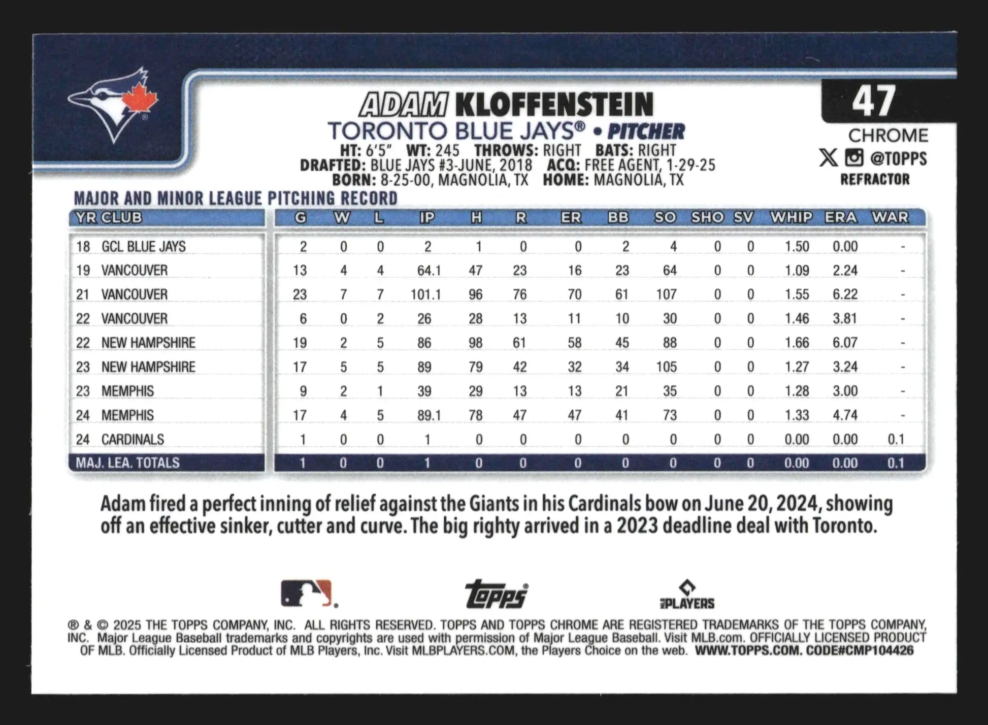 2025 Topps Chrome #47 Adam Kloffenstein Refractor Blue Jays RC