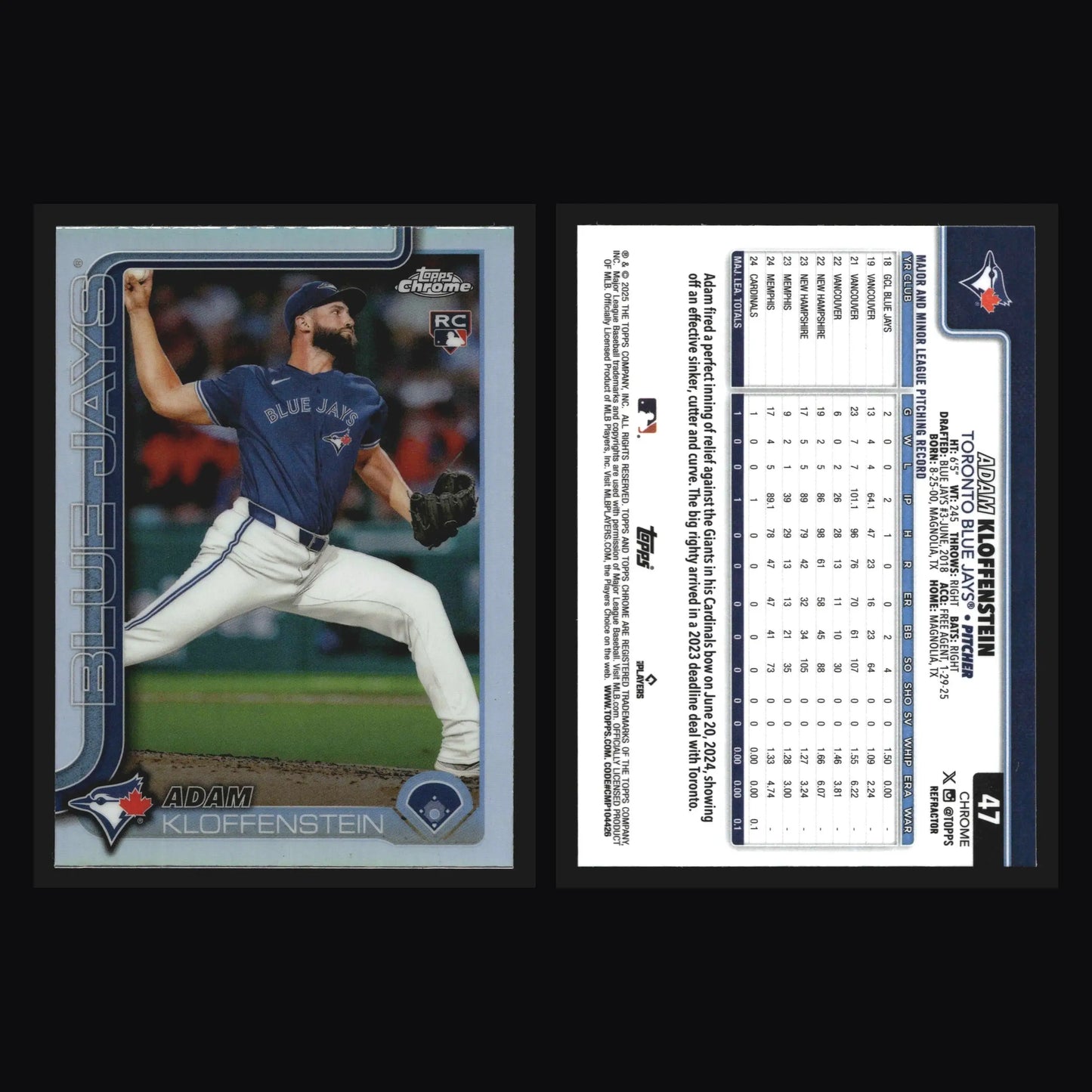 2025 Topps Chrome #47 Adam Kloffenstein Refractor Blue Jays RC