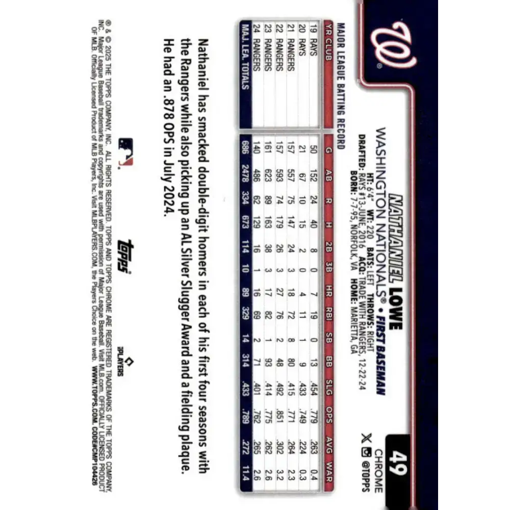 2025 topps Chrome #49 Nathaniel Lowe NM-MT Washington Nationals Baseball Card - Baseball Card Single