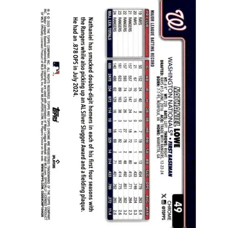 2025 topps Chrome #49 Nathaniel Lowe NM-MT Washington Nationals Baseball Card - Baseball Card Single