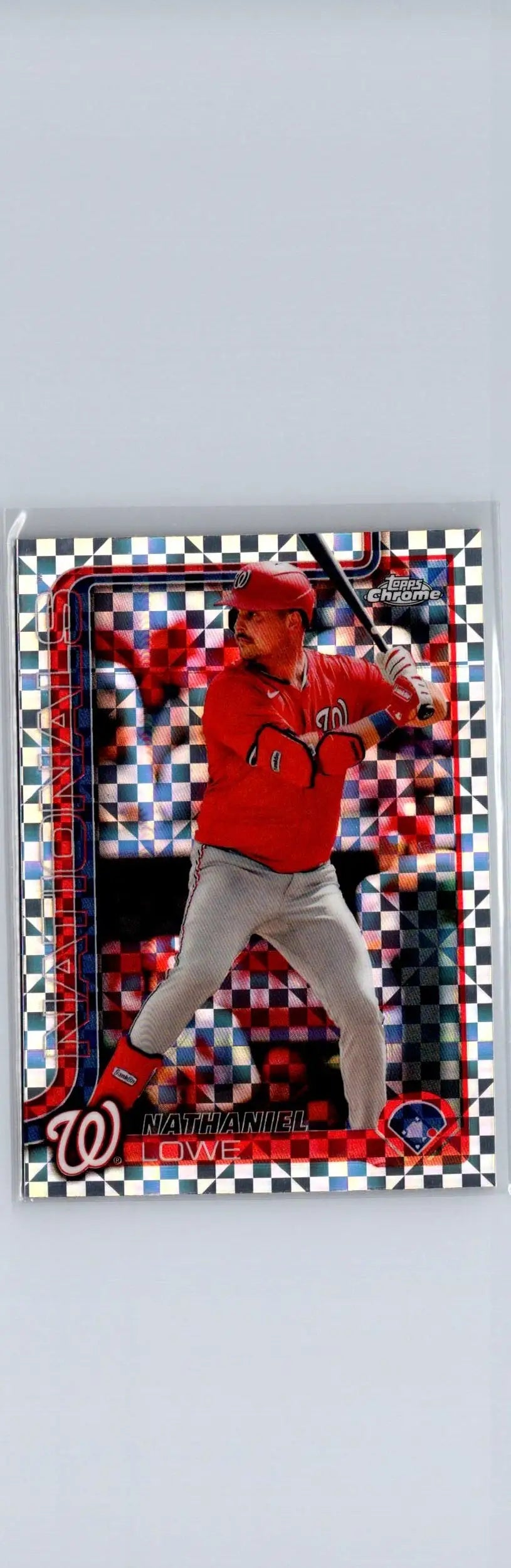 Baseball trading card featuring Nathaniel Lowe in a red uniform swinging bat on a Topps Chrome holographic card