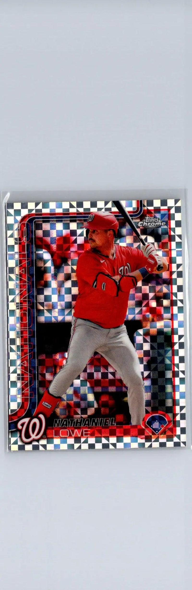 Baseball trading card featuring Nathaniel Lowe in a red uniform swinging bat on a Topps Chrome holographic card