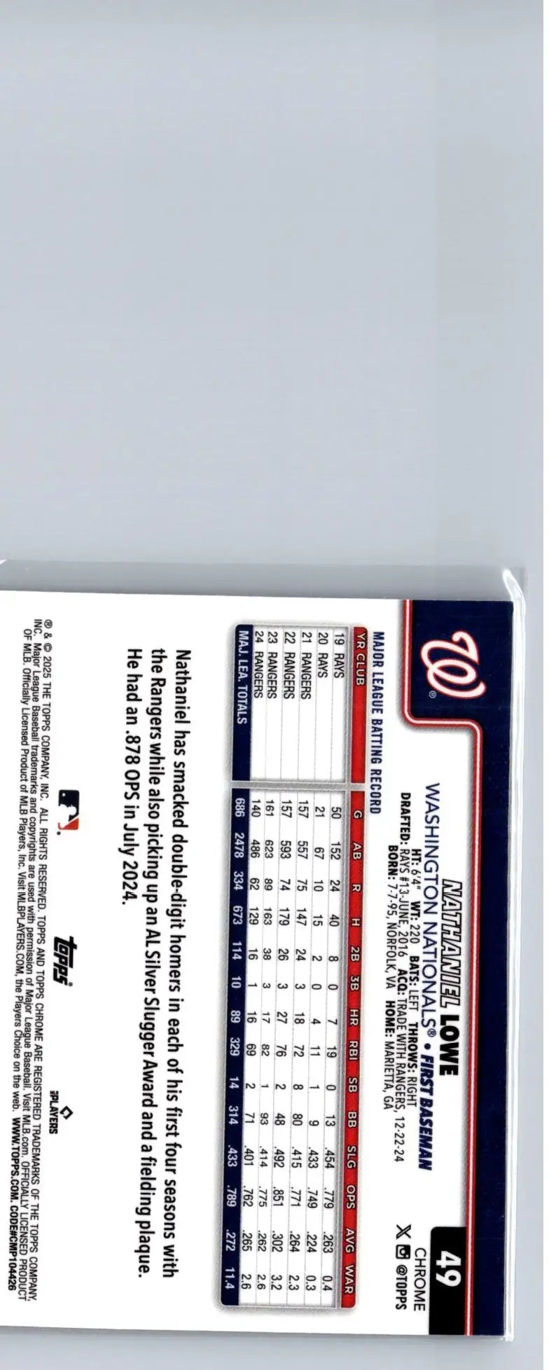 Back of a baseball trading card featuring Nathaniel Lowe from 2025 Topps Chrome series