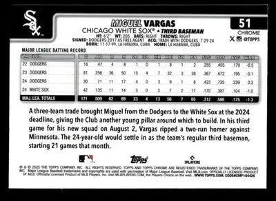 2025 Topps Chrome #51 Miguel Vargas Prism Refractors - Baseball Card Single