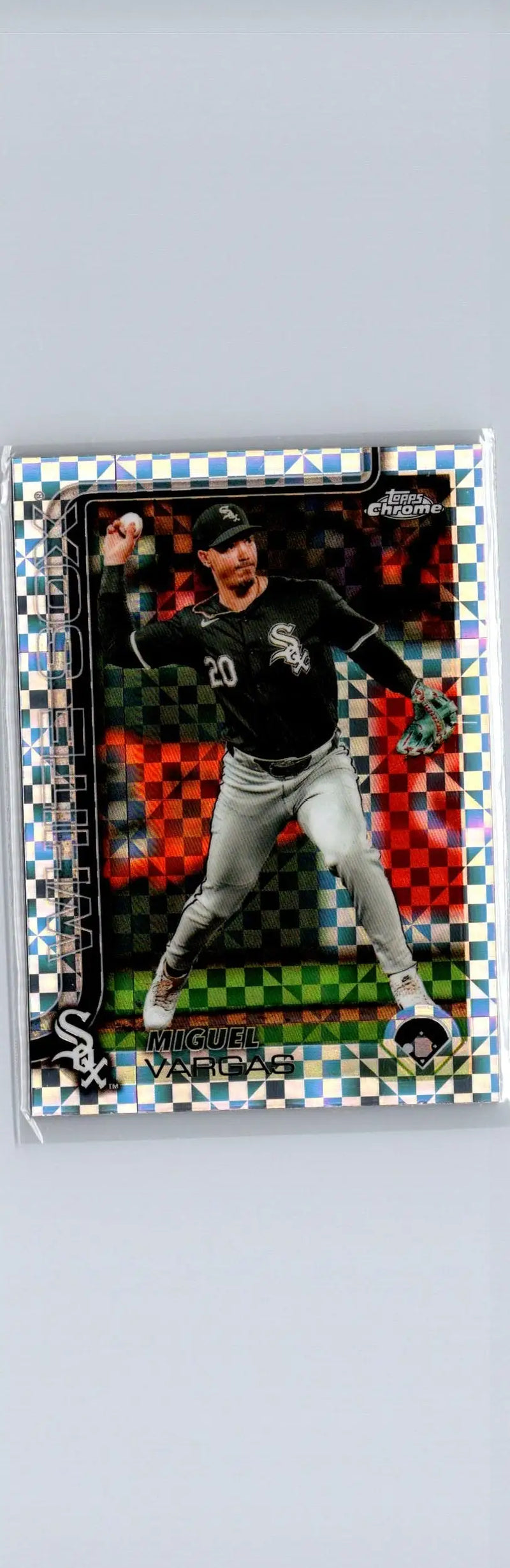 Baseball trading card featuring Miguel Vargas in a White Sox uniform from Topps Chrome
