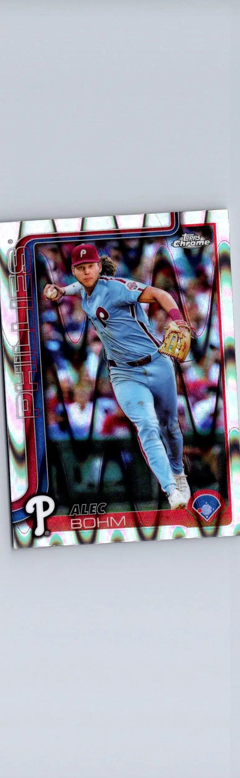 Baseball trading card featuring Alec Bohm in a light blue uniform from 2025 Topps Chrome Bohm Raywave Refractors