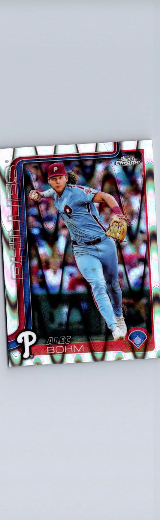 Baseball trading card featuring Alec Bohm in a light blue uniform from 2025 Topps Chrome Bohm Raywave Refractors