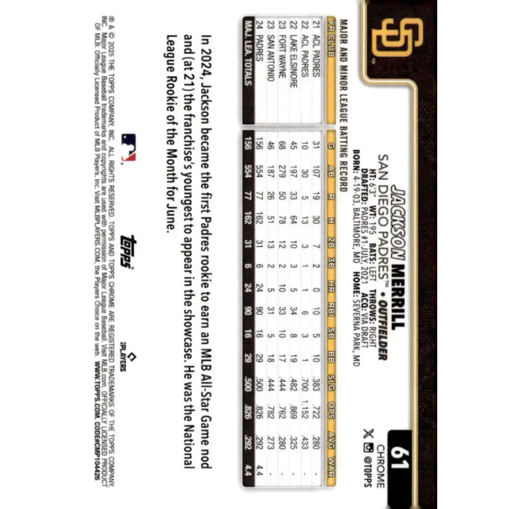 2025 topps Chrome #61 Jackson Merrill NM-MT San Diego Padres Baseball Card - Baseball Card Single