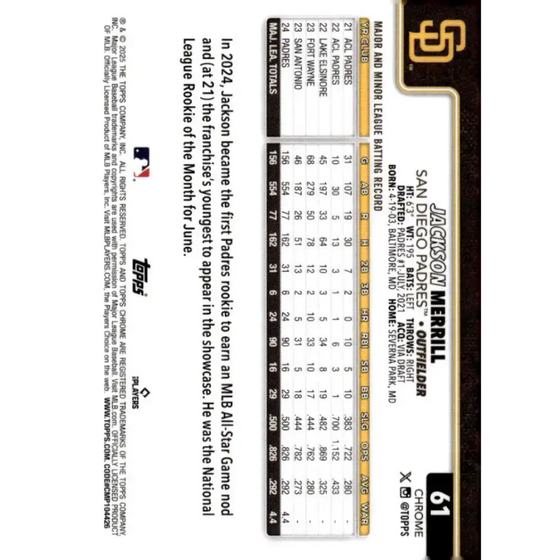 2025 topps Chrome #61 Jackson Merrill NM-MT San Diego Padres Baseball Card - Baseball Card Single