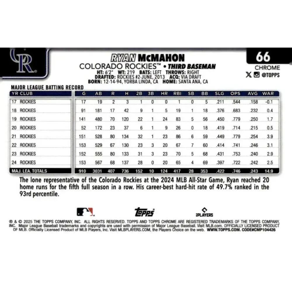 2025 topps Chrome #66 Ryan McMahon NM-MT Colorado Rockies Baseball Card - Baseball Card Single