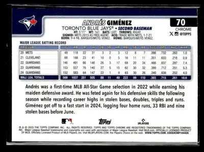 2025 Topps Chrome #70 Andrés Giménez Aqua Refractor #180/299 - Baseball Card Single