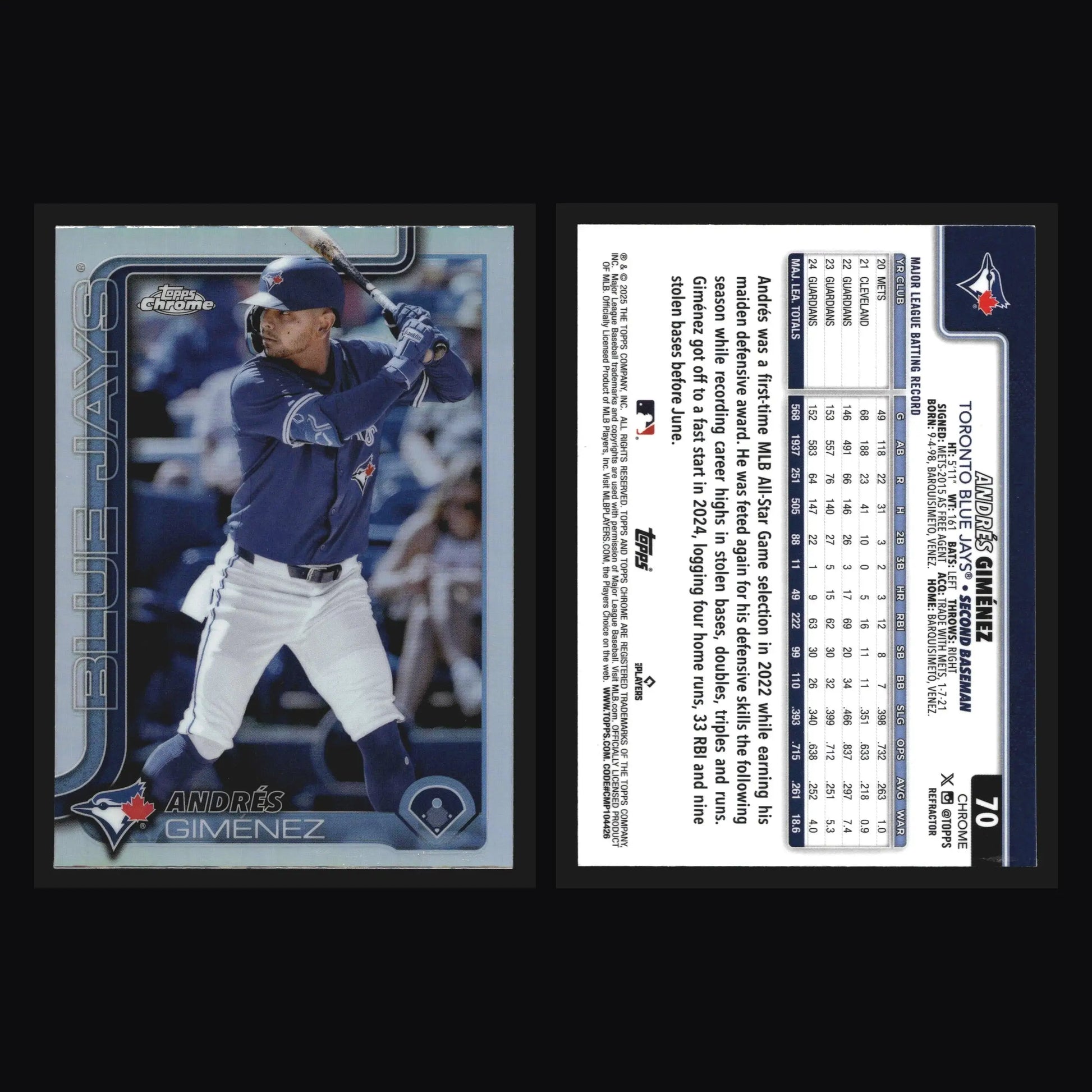 2025 Topps Chrome #70 Andres Gimenez Refractor Toronto Blue Jays