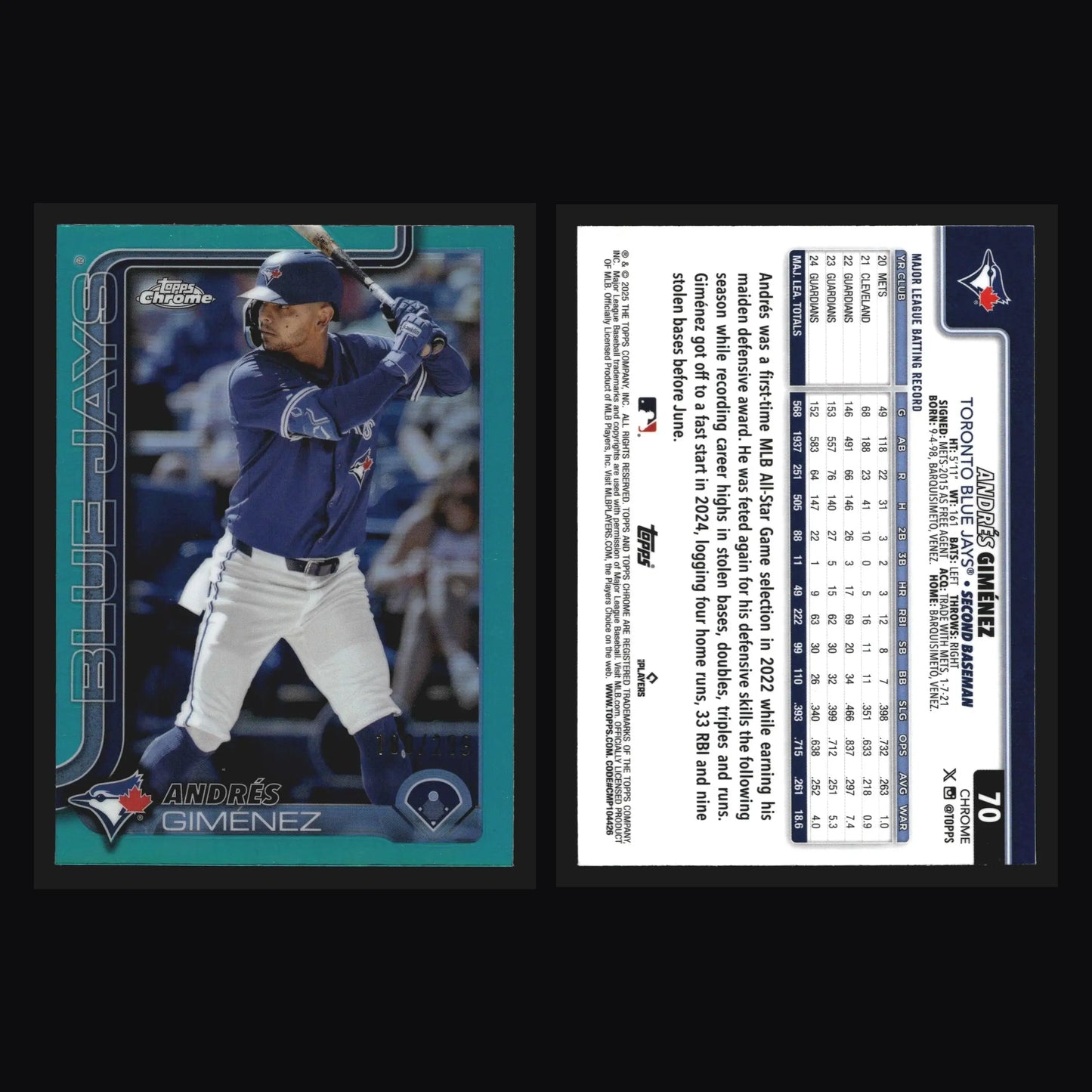 2025 Topps Chrome #70 Andres Gimenez Teal Refractor /299 Blue Jays