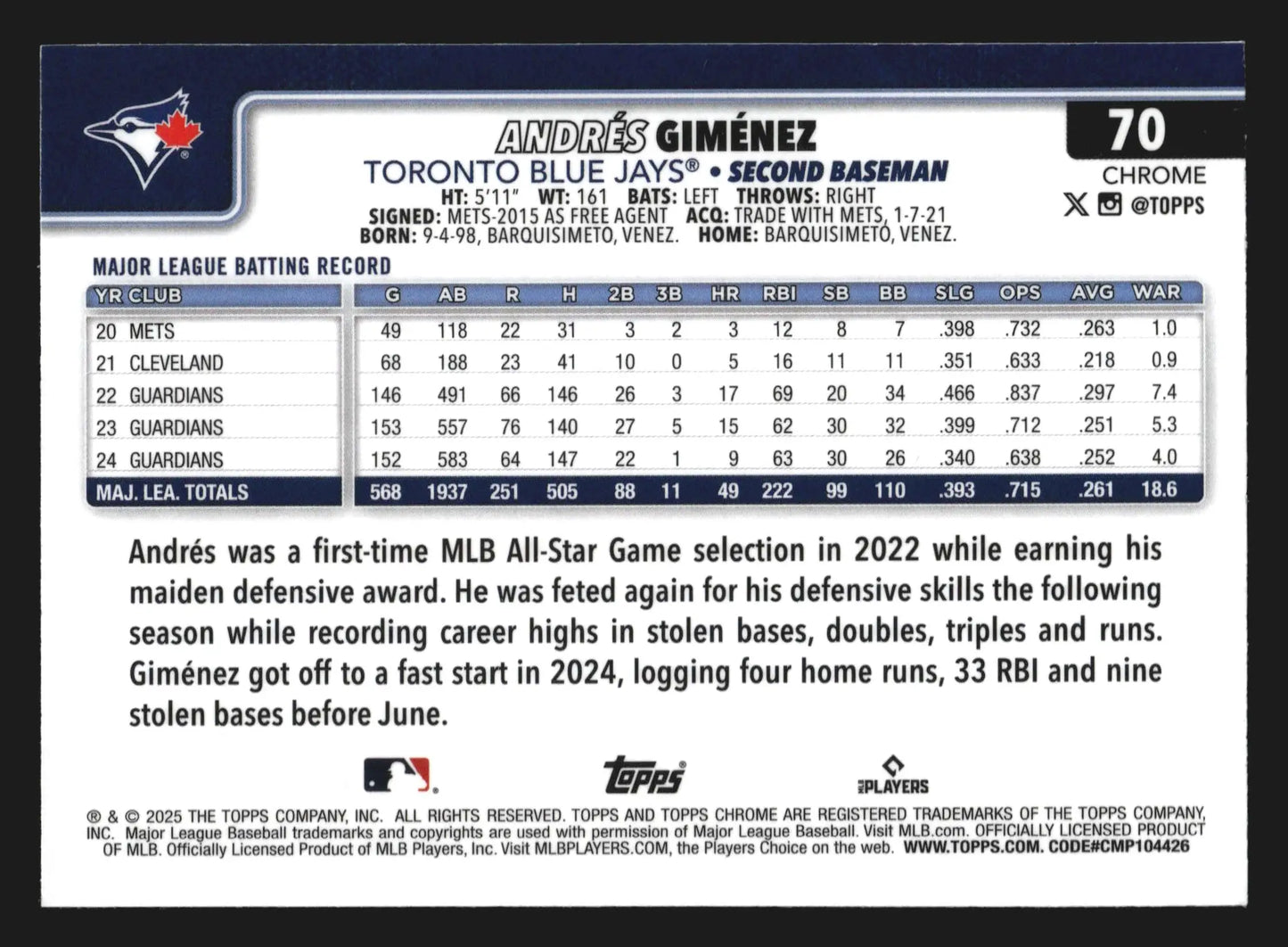 2025 Topps Chrome #70 Andres Gimenez Teal Refractor /299 Blue Jays