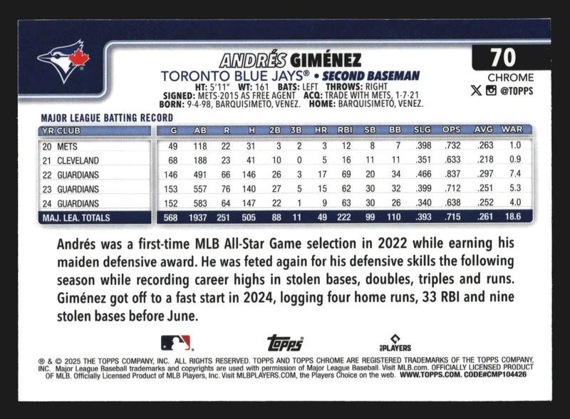 2025 Topps Chrome #70 Andres Gimenez Teal Refractor /299 Blue Jays