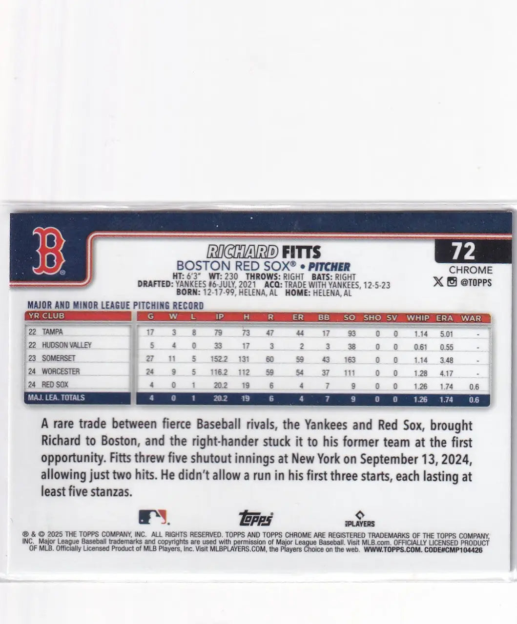 2025 TOPPS CHROME #72 RICHARD FITTS X FRACTOR- BOSTON RED SOX