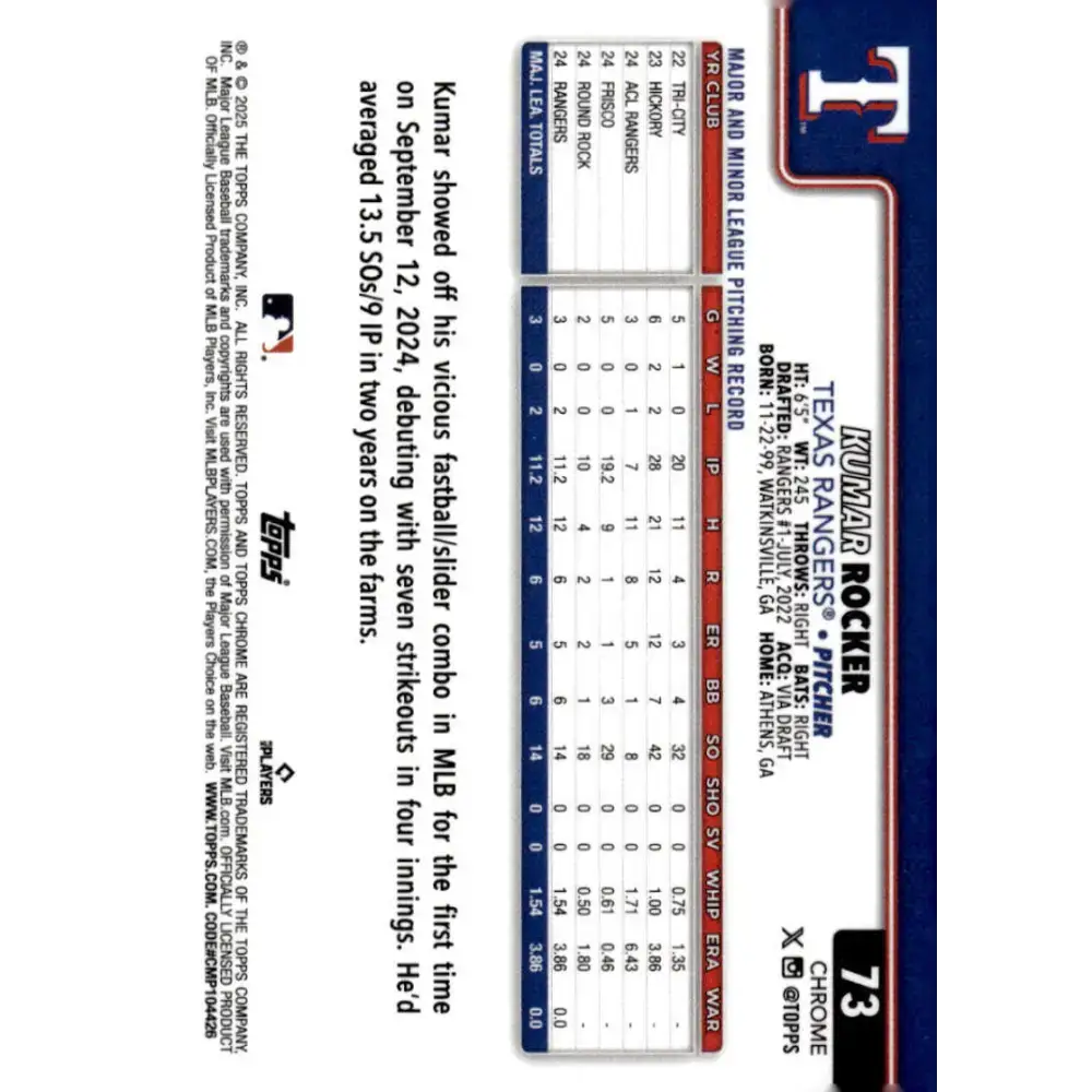 2025 topps Chrome #73 Kumar Rocker NM-MT RC Rookie Texas Rangers Baseball Card - Baseball Card Single
