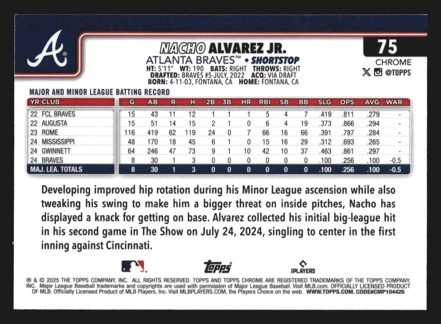 2025 Topps Chrome #75 Nacho Alvarez Jr RC Atlanta Braves Base Chrome
