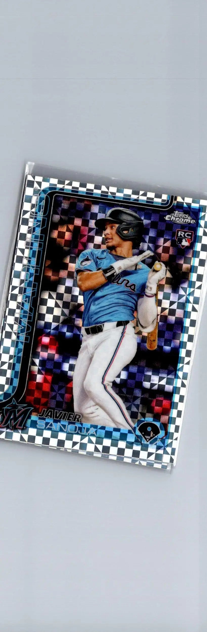 Baseball trading card featuring Javier Sanoja from 2025 Topps Chrome with checkered border