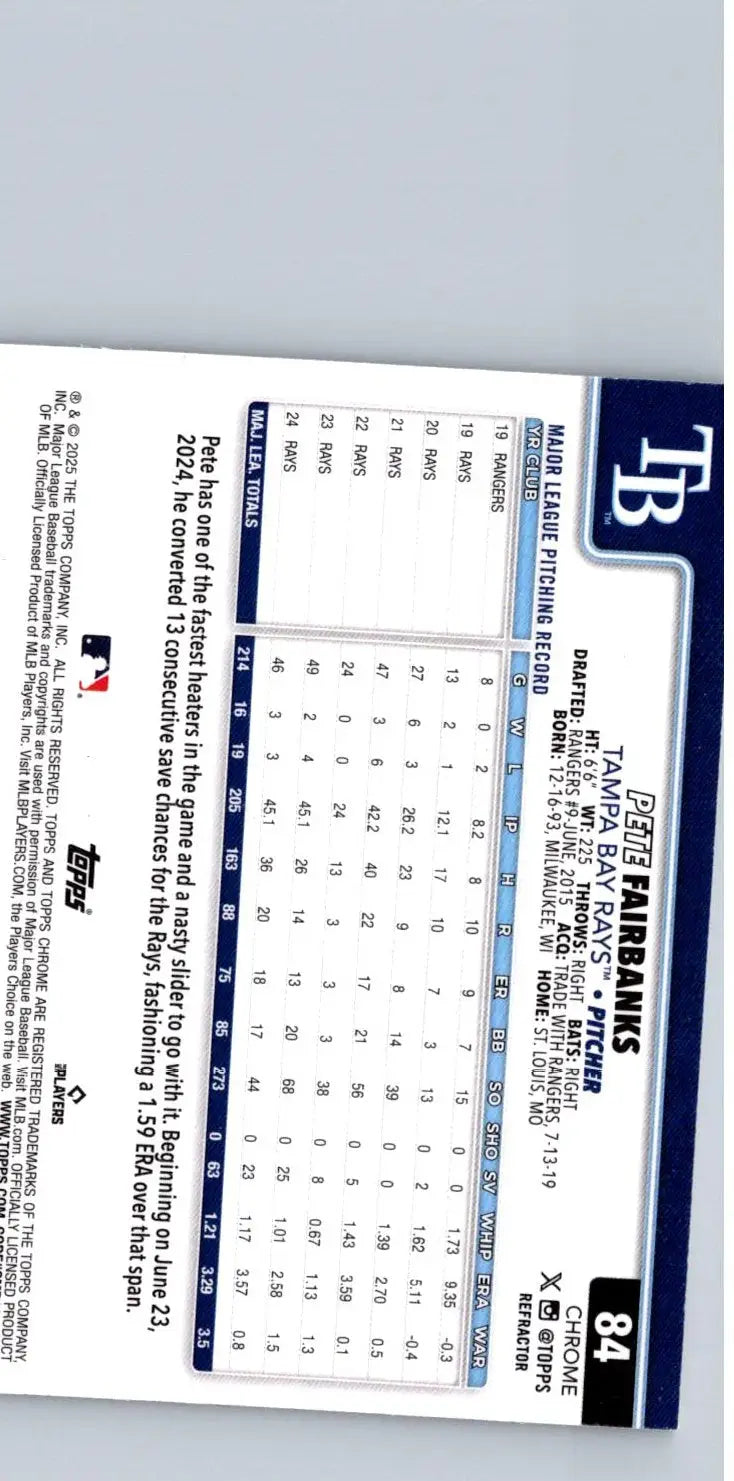 Baseball trading card featuring Pete Fairbanks refractors from 2025 Topps Chrome