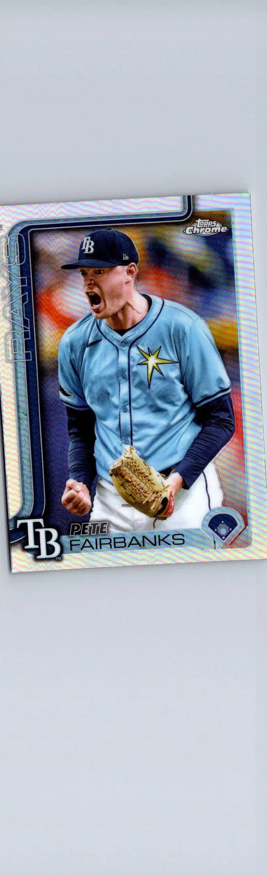 Baseball trading card of Pete Fairbanks in a light blue uniform from 2025 Topps Chrome Refractors