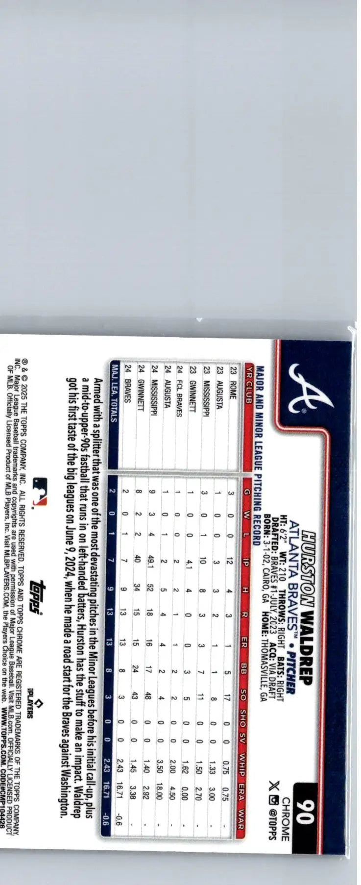 Baseball trading card featuring Hurston Waldrep with statistics and biographical info on Topps Chrome 2025