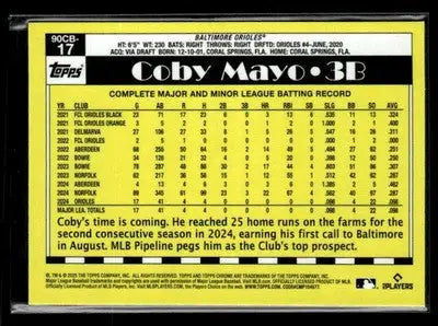 2025 Topps Chrome #90CB-17 Coby Mayo 1990 Topps Baseball 35th Anniversary - Baseball Card Single