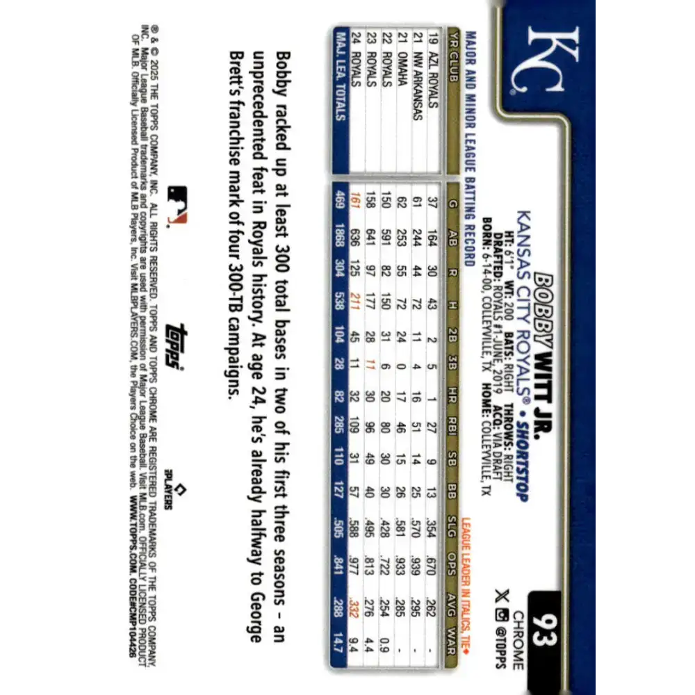 2025 topps Chrome #93 Bobby Witt Jr. NM-MT Kansas City Royals Baseball Card - Baseball Card Single