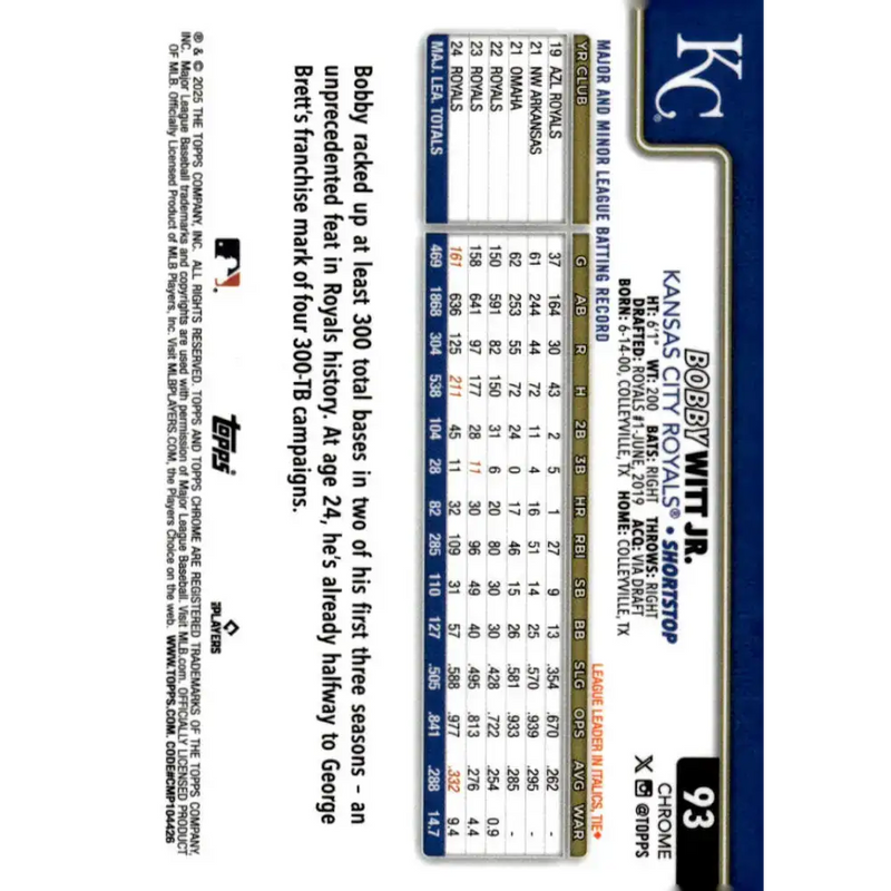 2025 topps Chrome #93 Bobby Witt Jr. NM-MT Kansas City Royals Baseball Card - Baseball Card Single