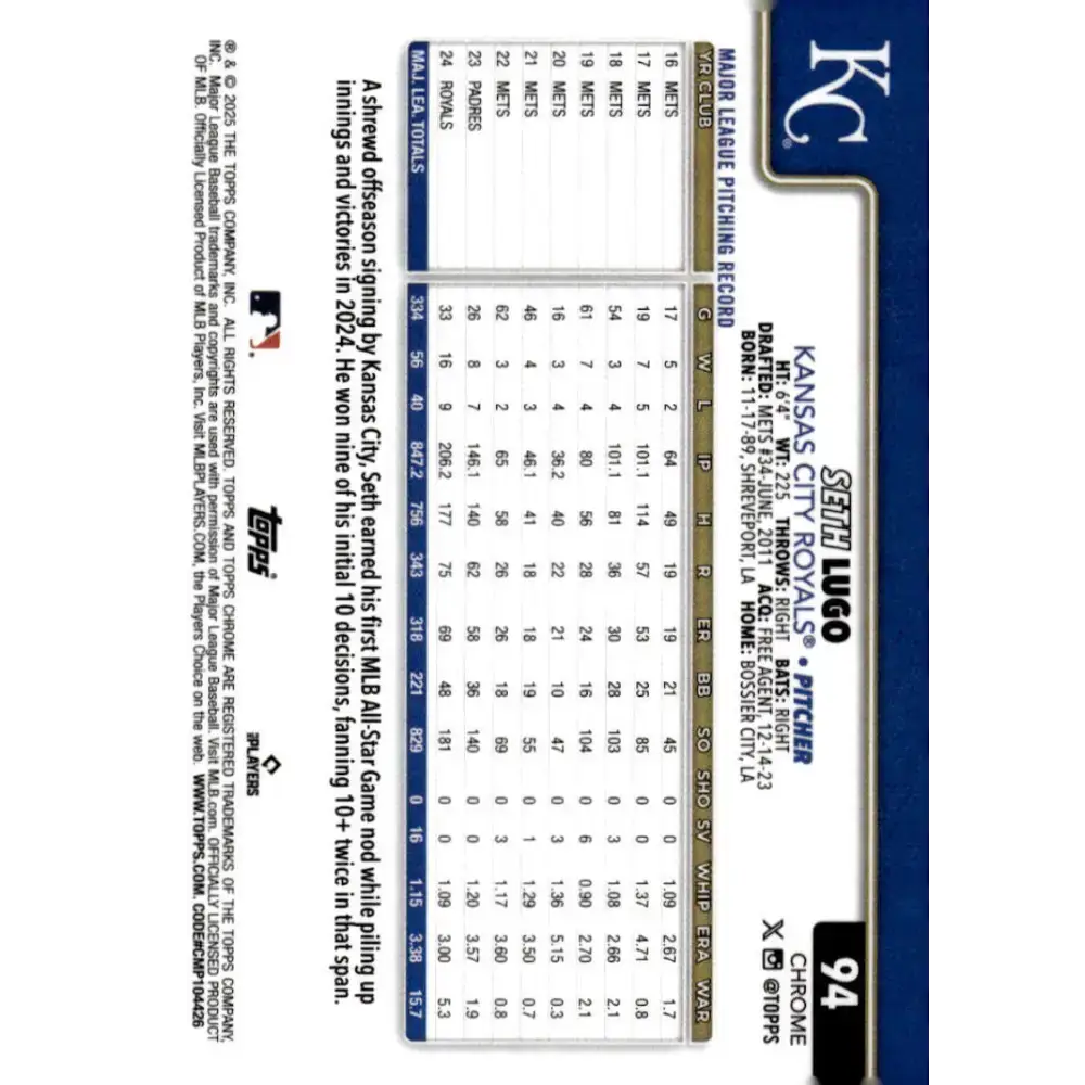 2025 topps Chrome #94 Seth Lugo NM-MT Kansas City Royals Baseball Card - Baseball Card Single