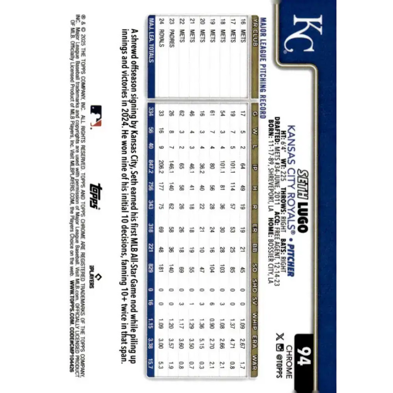 2025 topps Chrome #94 Seth Lugo NM-MT Kansas City Royals Baseball Card - Baseball Card Single