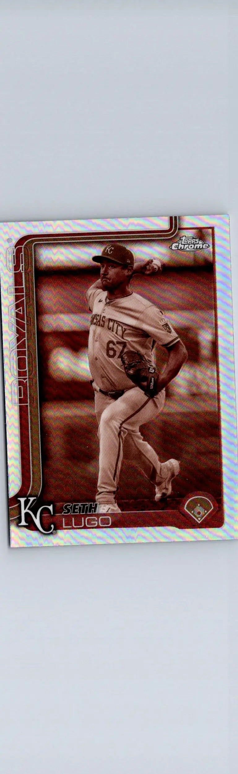 Baseball trading card of Seth Lugo in action from 2025 Topps Chrome Lugo Sepia Refractors