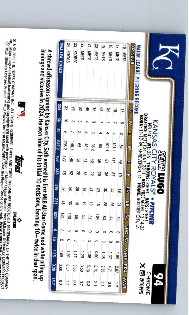 Baseball trading card for Seth Lugo from 2025 Topps Chrome Lugo Sepia Refractors