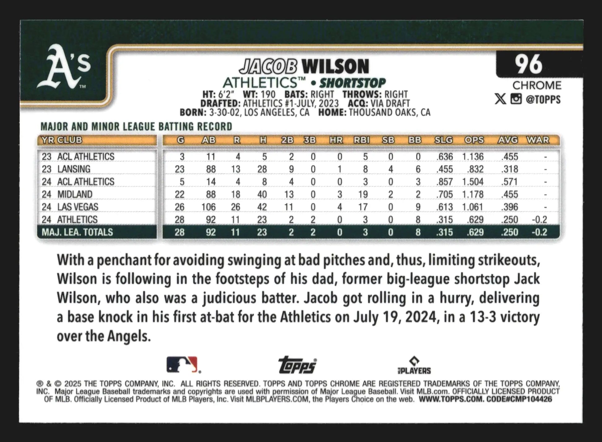 2025 Topps Chrome #96 Jacob Wilson Athletics RC - Baseball Card Single