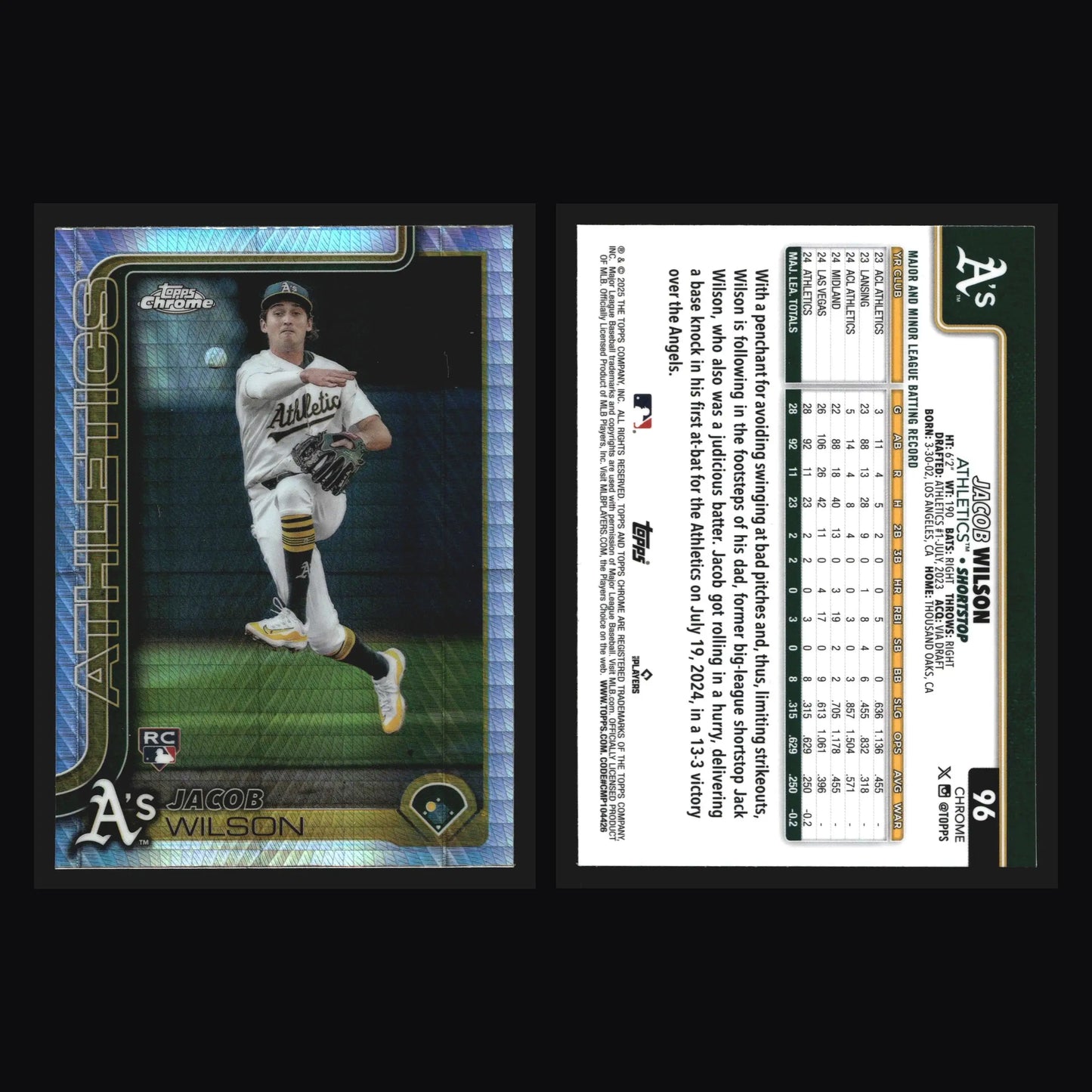 2025 Topps Chrome #96 Jacob Wilson Athletics RC Prism Refractor - Baseball Card Single