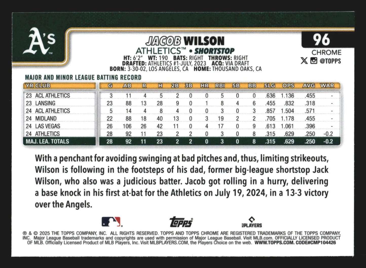 2025 Topps Chrome #96 Jacob Wilson Athletics RC Prism Refractor - Baseball Card Single