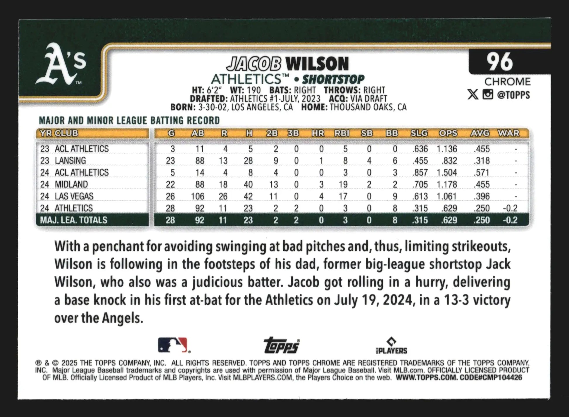 2025 Topps Chrome #96 Jacob Wilson Athletics RC Prism Refractor - Baseball Card Single